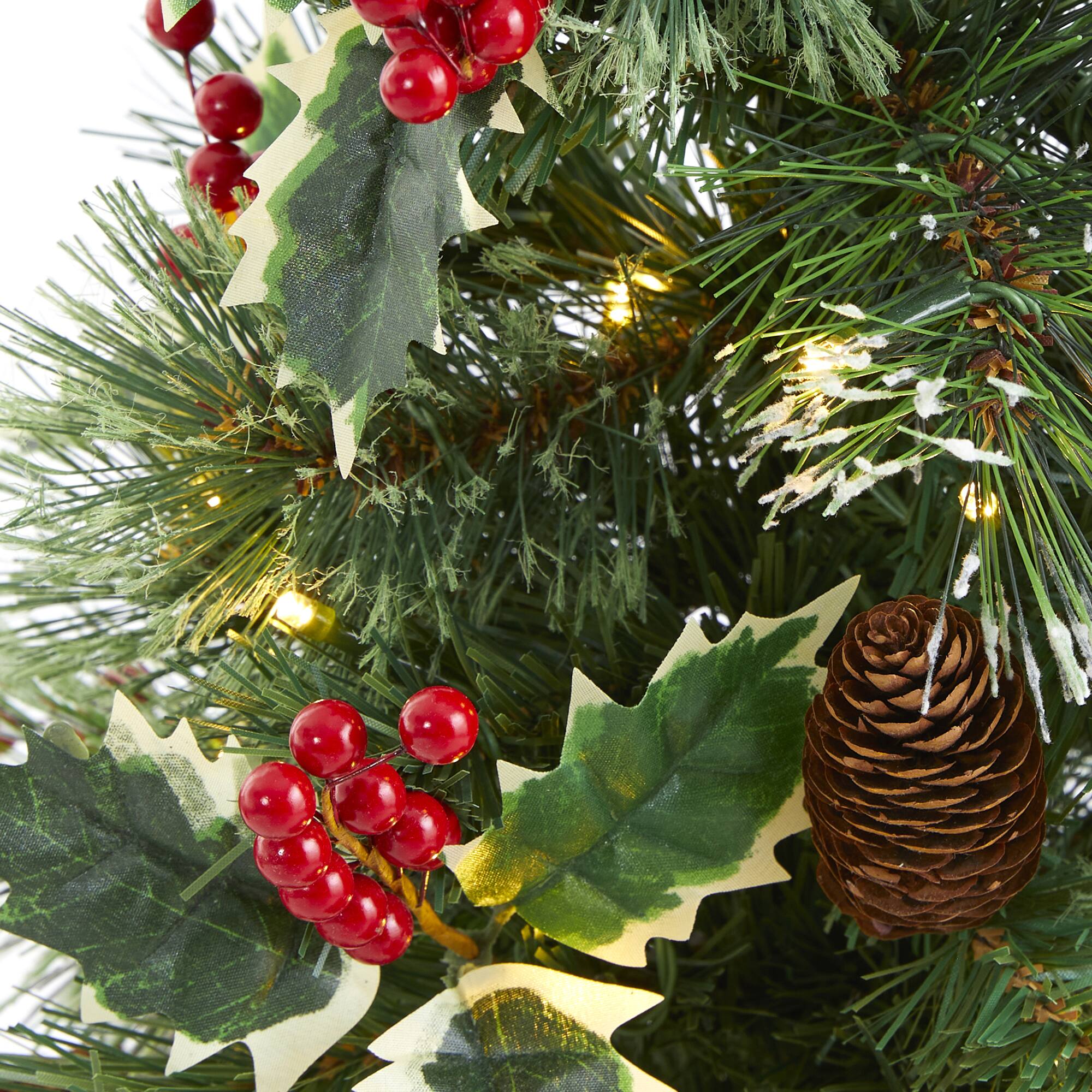18" Pre-Lit Mixed Pine Artificial Christmas Tree with Holly Berries & Pinecones, Clear LED Lights